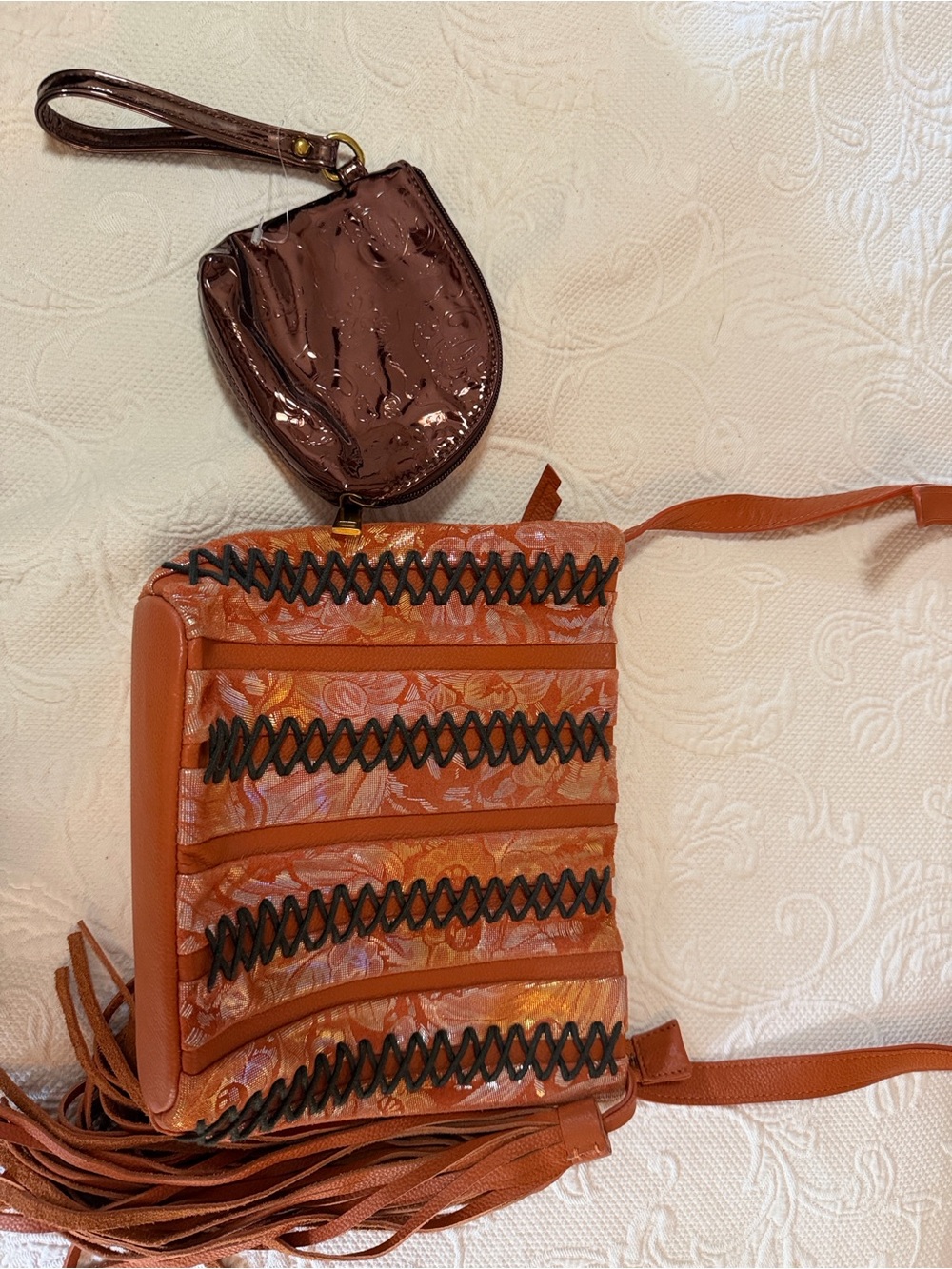 Sharif.   New Leather Women's Orange Boho Fringe Crossbody Bag with Coin Pouch